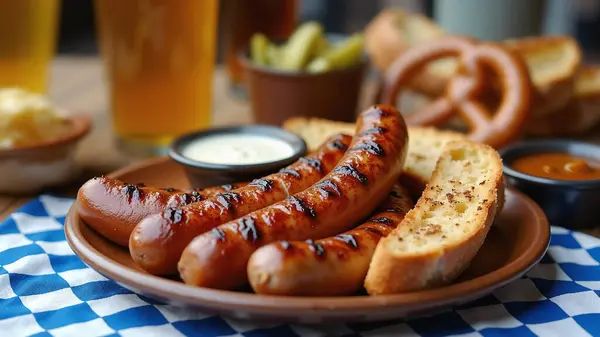 stock image Detailed closeup - German sausages with sauces, bread and beer. Octoberfest concept - AI Generated