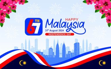 Ünlü Turizm Nesneleri ve Bayrak Resimleriyle Malezya Merdeka Günü 'nün 67. yıldönümü. 61. Malezya Bağımsızlık Günü 31 Ağustos 2024 Banner. Malezya Ulusal Günü Kutlaması için en iyisi