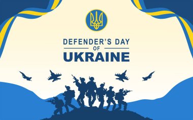 Ukrayna Savunma Günü 'nde. Savunma Günü Ukrayna 'da halka açık bir tatildir. Savunma Günü Anma Günü 14 Ekim 'de. Bir grup asker ve savaş uçağı olan bir pankart. Ukrayna Bayrak Bayrağı.