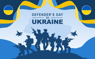 Ukrayna Savunma Günü 'nde. Savunma Günü Ukrayna 'da halka açık bir tatildir. Savunma Günü Anma Günü 14 Ekim 'de. Bir grup asker ve savaş uçağı olan bir pankart. Ukrayna Bayrak Bayrağı.