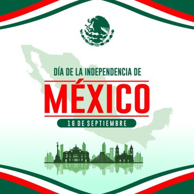 Meksika Bağımsızlık Günü Bayrağı. Meksika bayrak kurdelesi ve ünlü simgelerden oluşan siluetleri olan zarif bir afiş. Çeviri: 