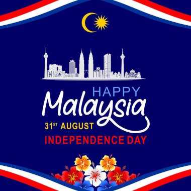 Malezya Bağımsızlık Günü 1957, Mutlu Bağımsızlık Günü 2024, 31 Ağustos, Ulusal Gün, Bağımsızlık Günü, bayraklar, kurdeleler ve çiçek taşıyıcı illüstrasyonla