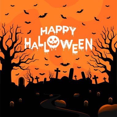 Mutlu Cadılar Bayramı Mesajları Afişi. Mutlu Cadılar Bayramı Ürkütücü Vibe tasarım vektörü. Tipografi, Cadılar Bayramı mezarlığı manzarası. Gece yarısı mezarlığı olan Cadılar Bayramı afişi.