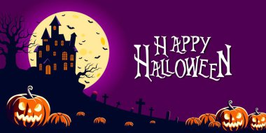 Mutlu Cadılar Bayramı Mesajları Afişi. Cadılar Bayramı hayaletli eski ev ve mezarlık silueti manzarası. Mutlu Cadılar Bayramı korku arka planı ya da afiş, aptal ay ve uçan yarasalar ile ürpertici vektör arkaplanı, mezarlık mezarları.