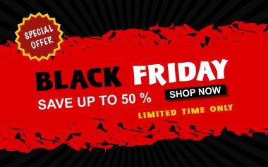 Kara Cuma 'nın tanıtım geçmişi. Harflerin satıldığı modern bir pankart. Kara Cuma satışı için tasarım şablonu, reklam. Kara Cuma indirimli bayrak tasarım vektör illüstrasyonu