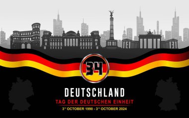 Alman Birleşme Günü 'nü (Tag Der Deutschen Einheit) tarihi simgeler, gökdelenler, haritalar ve dalgalı kurdelelerle kutlayın. Alman Birleşme Sancağı. Vektör illüstrasyonu