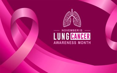 Kasım ayında, akciğer kanseri farkındalığı ayı metni pembe mor arka plan vektör tasarımı akciğer kanseri farkındalığı ayı pankartı üzerinde dalgalı pembe kurdele ve akciğer sembolü. Vektör İllüstrasyonu.