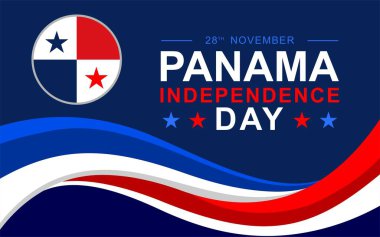 Panama Bağımsızlık Günü illüstrasyon vektör geçmişi. Panama Bağımsızlık Günü 28 Kasım Şablonu Panama haritası silueti ve koyu mavi arka planda dalgalı kurdele.