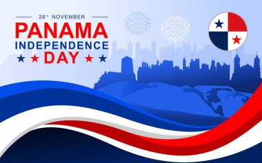 Panama Bağımsızlık Günü illüstrasyon vektör geçmişi. Panama Bağımsızlık Günü 28 Kasım Panama bayrak renkleri temalı binaların siluetleri ve dalgalı kurdelelerle şablon.