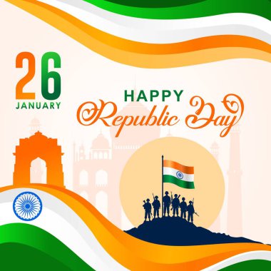 26 Ocak - Hindistan Cumhuriyet Bayrak Tasarımı Gününüz kutlu olsun. Hindistan Cumhuriyet Günü Kutlaması. Bir grup ağır silahlı asker ve Hint bayrak dalgaları ve metinleriyle..