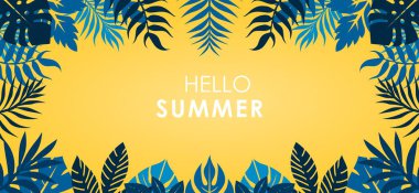 Merhaba Summer. Tropik yapraklar arka planda. Tropikal yapraklı yaz tatili afişi. Vektör illüstrasyonu