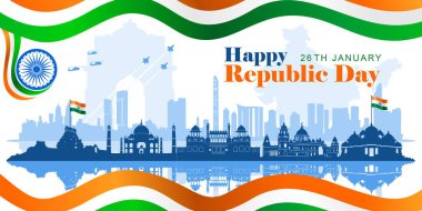 Hindistan Cumhuriyet Günü tebrik kartı gökdelen, tarihi binalar, savaş jetleri siluetleri ve metinlerle. 26 Ocak. Vektör Resimleri.