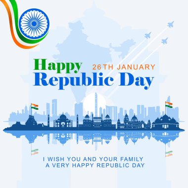 Hindistan Cumhuriyet Günü tebrik kartı gökdelen siluetleri, tarihi binalar ve metinlerle dolu. Mutlu Cumhuriyet Günü Hindistan Sosyal Medya Postası ve Flyer Şablonu. 26 Ocak.