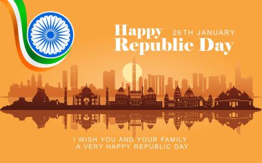 Indian Republic Day Celebration Greeting Card with skyscraper silhouettes, historical buildings and Text. Happy Republic Day India Social Media Post and Flyer Template. 26 January. clipart