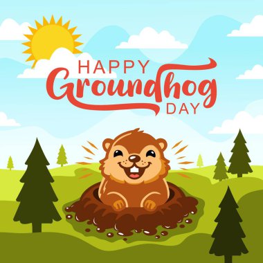 Tatlı dağ sıçanının uyanıp yuvasından çıktığı Köstebek Günü vektör çiziminiz kutlu olsun. 2 Şubat 'taki Köstebek Gününüz kutlu olsun. Afişler, kartlar, afişler ve sosyal medya paylaşımları için en iyisi..