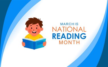 Mart ayı ulusal okuma ayı vektörüdür. Çizgi film karakteri ile gülümseyen mutlu çocuk. Sancaklar için en iyisi koruyucu aile, bakım ve sosyal medya paylaşımları.