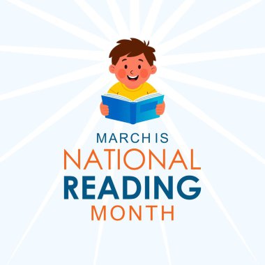 Mart ayı ulusal okuma ayı vektörüdür. Çizgi film karakteri ile gülümseyen mutlu çocuk. Sancaklar için en iyisi koruyucu aile, bakım ve sosyal medya paylaşımları.