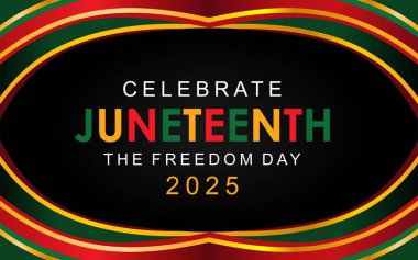 Afro-Amerikan siluetleri ve özgürlük renkleriyle özgürlük ve birliği sembolize eden 2025 Haziran tasarımı. Haziran Özgürlük Günü 'nde. 19 Haziran 2025 Afrika Amerika Kurtuluş Günü.