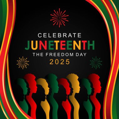 Afro-Amerikan siluetleri ve özgürlük renkleriyle özgürlük ve birliği sembolize eden 2025 Haziran tasarımı. Haziran Özgürlük Günü 'nde. 19 Haziran 2025 Afrika Amerika Kurtuluş Günü.