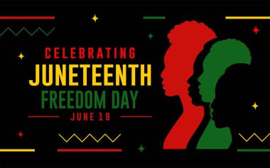 Afro-Amerikan siluetleri ve özgürlük renkleriyle özgürlük ve birliği sembolize eden 2025 Haziran tasarımı. Haziran Özgürlük Günü 'nde. 19 Haziran 2025 Afrika Amerika Kurtuluş Günü.