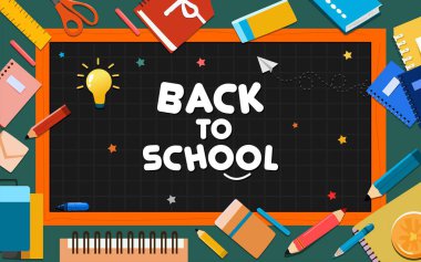 Okul vektör tasarımına geri dönelim. Çizgili eğitim karatahtası ve kırtasiye malzemeleriyle okula dönüş metni. Vektör illüstrasyonu