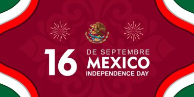 16 Eylül De Septiembre Independencia De Mxico, Meksika Bağımsızlık Günü 16 Eylül demektir. Simgeli, siluetli ve kurdele resimli pankart. Kartlar, posterler, afişler ve sosyal medya için harika.