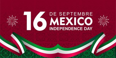 16 Eylül De Septiembre Independencia De Mxico, Meksika Bağımsızlık Günü 16 Eylül demektir. Simgeli, siluetli ve kurdele resimli pankart. Kartlar, posterler, afişler ve sosyal medya için harika.