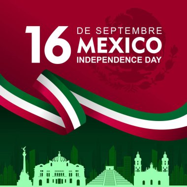 16 Eylül De Septiembre Independencia De Mxico, Meksika Bağımsızlık Günü 16 Eylül demektir. Simgeli, siluetli ve kurdele resimli pankart. Kartlar, posterler, afişler ve sosyal medya için harika.