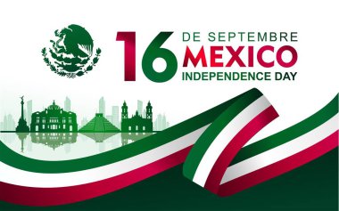 16 Eylül De Septiembre Independencia De Mxico, Meksika Bağımsızlık Günü 16 Eylül demektir. Simgeli, siluetli ve kurdele resimli pankart. Kartlar, posterler, afişler ve sosyal medya için harika.
