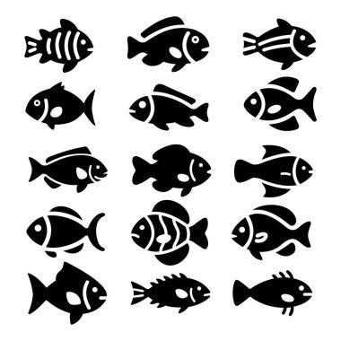 Balık seti. Beyaz siyah arkaplanda balık simgesi vektörü izole edildi. Balık simgesi seti.