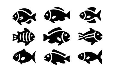 Balık seti. Beyaz siyah arkaplanda balık simgesi vektörü izole edildi. Balık simgesi seti.