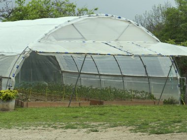 Kırsal bir evin yanındaki plastik sera.