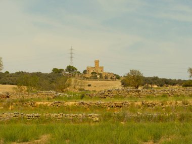Tarlalarla çevrili siperleri olan ortaçağ şatosu.