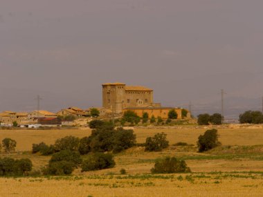 Medieval fortress next to a village, in the distance. clipart