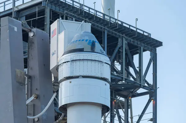 stock image Boeing's Starliner Crew Capsule is seen at SLC-41 atop of a United Launch Alliance Atlas V rocket on May 5, 2024. Credit: Brandon Moser/Central Florida Public Media