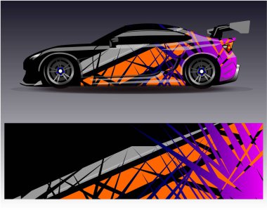 Araba ambalajı tasarım vektörü. Araç, rali, yarış, macera ve araba yarışları için grafiksel soyut yarış arka plan tasarımları.