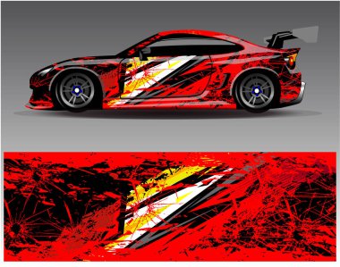 Araba ambalajı tasarım vektörü. Araç, rali, yarış, macera ve araba yarışları için grafiksel soyut yarış arka plan tasarımları.
