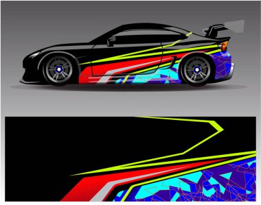 Araba ambalajı tasarım vektörü. Araç, rali, yarış, macera ve araba yarışları için grafiksel soyut yarış arka plan tasarımları.