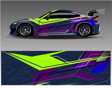 Araba ambalajı tasarım vektörü. Araç, rali, yarış, macera ve araba yarışları için grafiksel soyut yarış arka plan tasarımları.