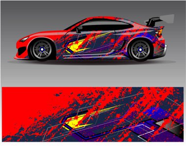 Araba ambalajı tasarım vektörü. Araç, rali, yarış, macera ve araba yarışları için grafiksel soyut yarış arka plan tasarımları.