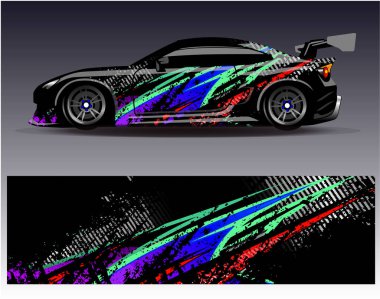 Araba ambalajı tasarımı. Araç, rali ve yarış için grafiksel soyut yarış arka plan tasarımları