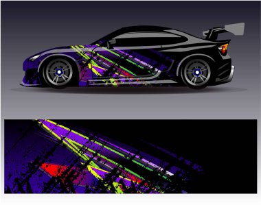 Araba ambalajı tasarım vektörü. Araç, rali ve yarış için grafiksel soyut çizgili yarış arka plan tasarımları.