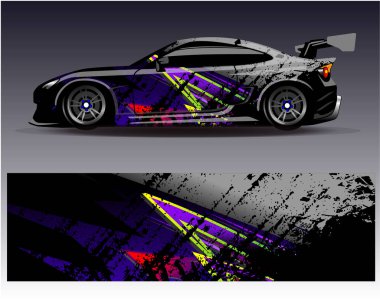 Araba ambalajı tasarım vektörü. Araç, rali ve yarış için grafiksel soyut çizgili yarış arka plan tasarımları.