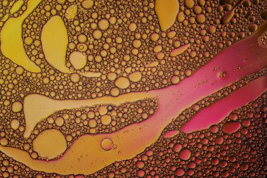 Yağ ve su karışımının makro fotoğrafları sarı arkaplanda kabarcıklar oluşturuyor..