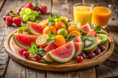 Meyveli taze meyve salatası. Taze dilimlenmiş meyve, karpuz, greyfurt, kivi, çilek ve portakal dilimleri bir tabakta ve bir bardak portakal suyu kırsal ahşap arka planda.