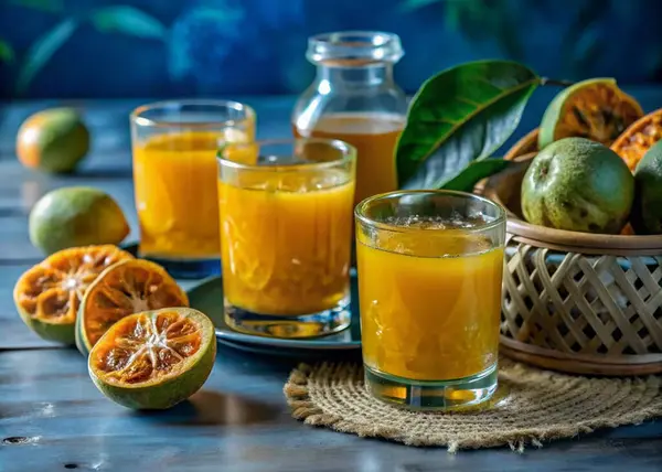 Olgun ahşap elma, beal, aegle marmelo meyve suyu bardaklarda dilimlenmiş ahşap elma suyu,