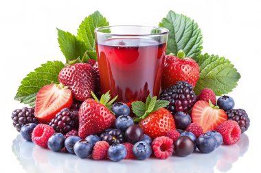 Bir bardakta ahududu, çilek ve böğürtlen suyu ve beyaz arka planda izole edilmiş yeşil nane yaprakları.