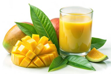 Bardakta taze mango suyu ve beyaz bir arka planda izole edilmiş olgun mango.
