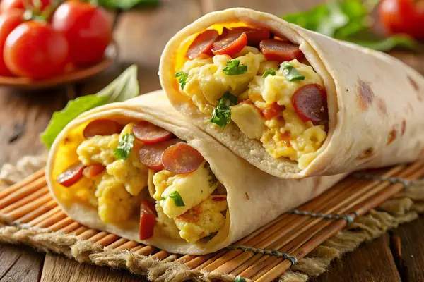 Çırpılmış yumurta, biber, domates ve ahşap tahta üzerinde taze otlarla dolu üç kahvaltılık burrito. Maydanozla süslenmiş
