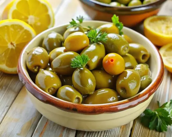 Tahta bir masada, beyaz bir kasede kaynamış yeşil zeytin.